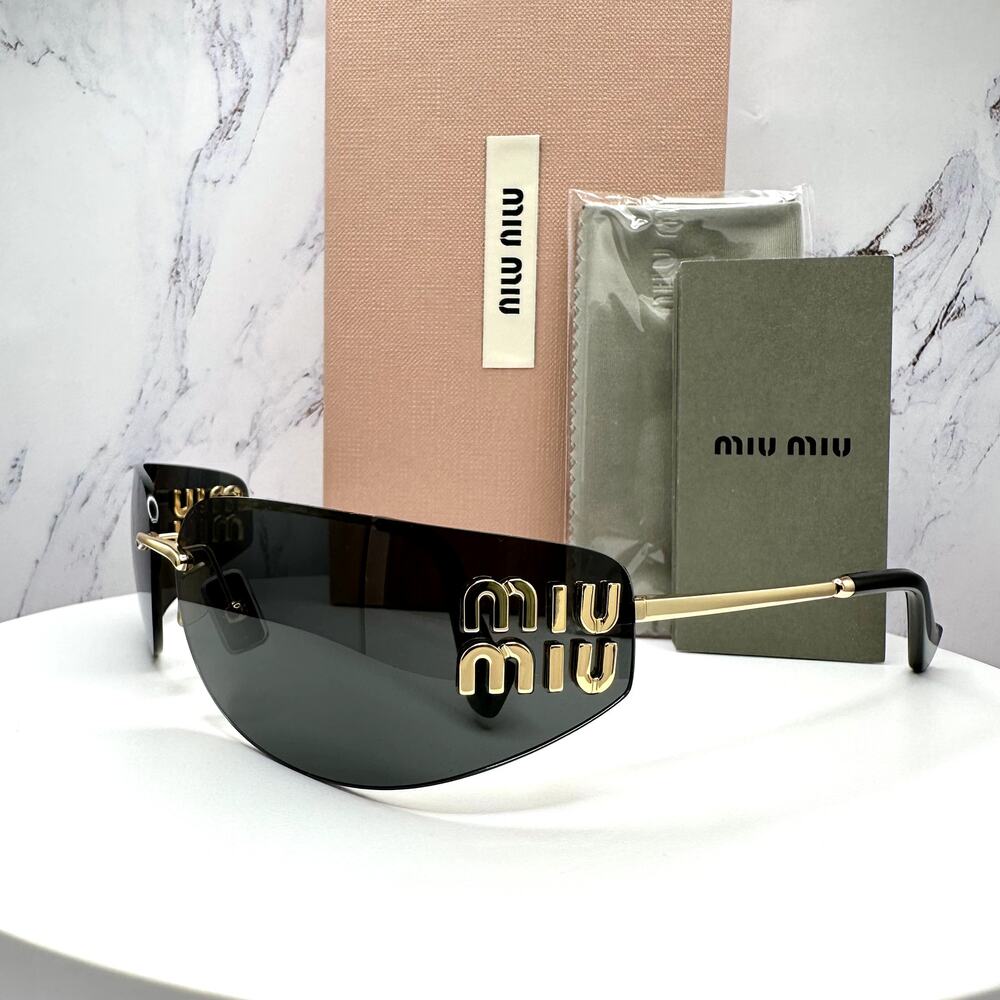 New MIU MIU Sunglasses Gold Dark Gray Lens Runway Wrap Rimless Authentic Miu Miu